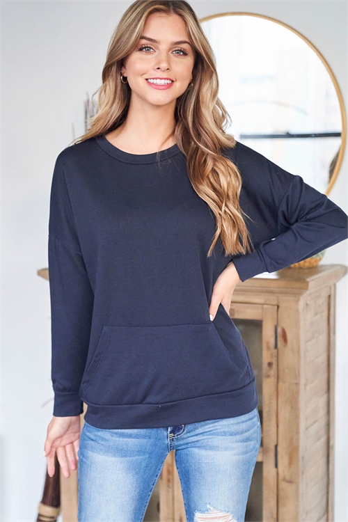 S8-9-4-PPT2063-NV NAVY LONG SLEEVE FRENCH TERRY TOP WITH KANGAROO POCKET TOP 1-2-2-2 (NOW $8.75 ONLY!)