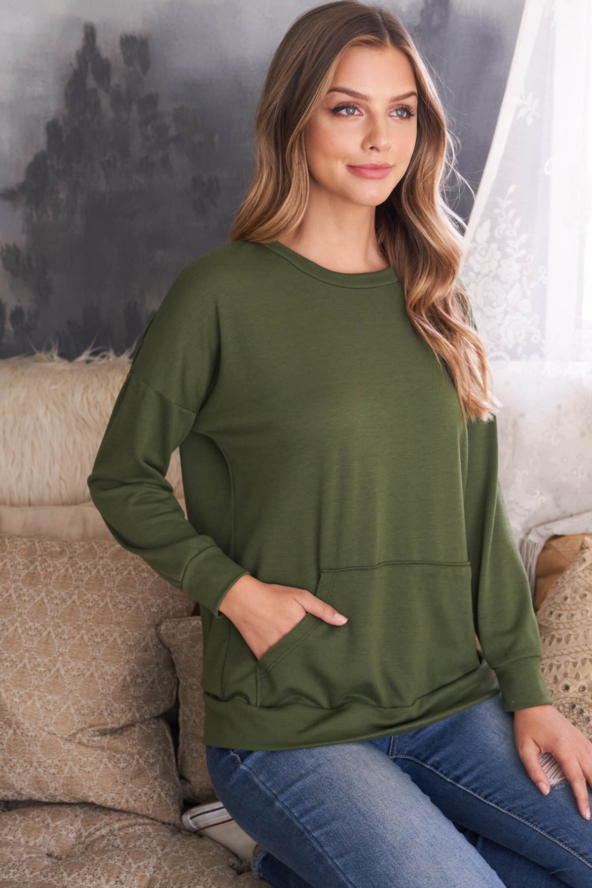 S10-12-2-PPT2063-OV - LONG SLEEVE FRENCH TERRY TOP WITH KANGAROO POCKET TOP- OLIVE 1-2-2-2 (NOW $8.75 ONLY!)