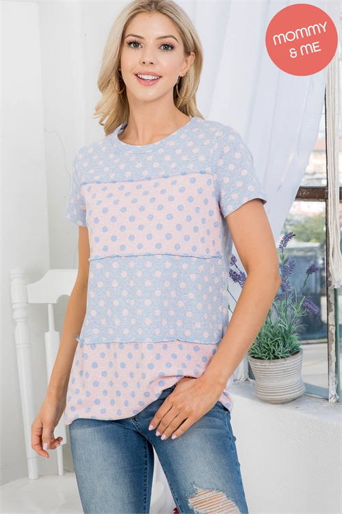 S8-4-2-PPT20639-DNMPKPKBL - SHORT SLEEVE REVERSED COVER STITCH POLKA DOT  TOP- DENIM PINK-PINK BLUE 1-2-2-2