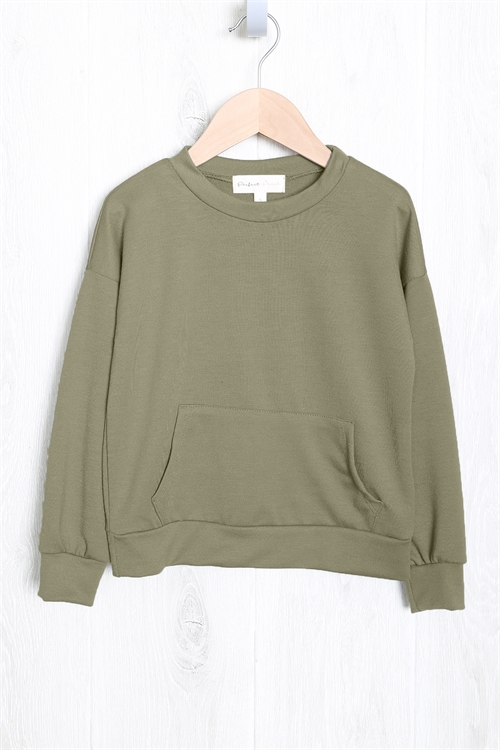 S10-12-1-PPT2063TK-KHK - KIDS LONG SLEEVE FRENCH TERRY TOP WITH KANGAROO POCKET- KHAKI 1-1-1-1-1-1-1-1