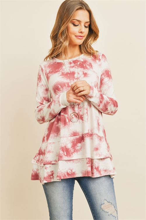 S12-3-2-PPT2064-WNIV-1 - LAYERED RUFFLE HEM LONG SLEEVED TIE DYE TOP- WINE IVORY 1-2-2-0