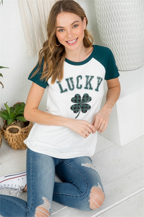 S11-1-1-PPT20642-IVHNT - LUCKY CLOVER PRINT RAGLAN TOP- IVORY-HUNTER 1-2-2-2