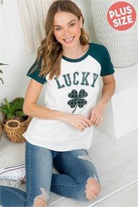 S12-1-1-PPT20642X-IVHNT - PLUS SIZE LUCKY CLOVER PRINT RAGLAN TOP- IVORY-HUNTER 3-2-1