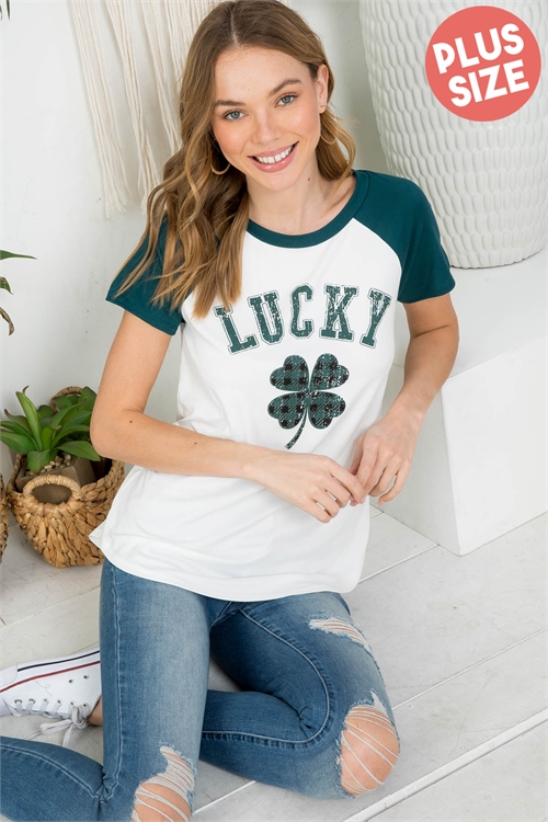 S9-2-3-PPT20642X-IVHNT-2 - PLUS SIZE LUCKY CLOVER PRINT RAGLAN TOP- IVORY-HUNTER 0-1-3