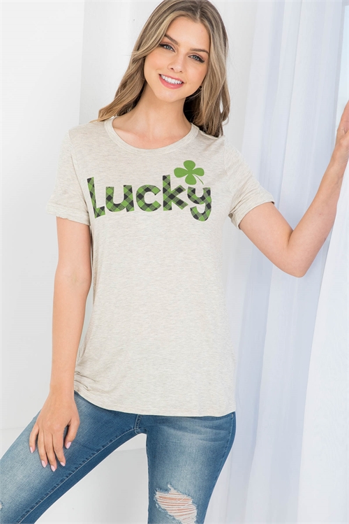 S9-6-1-PPT20644-OTM - CLOVER LUCKY PRINT SHORT SLEEVE SOLID TOP- OATMEAL 1-2-2-2