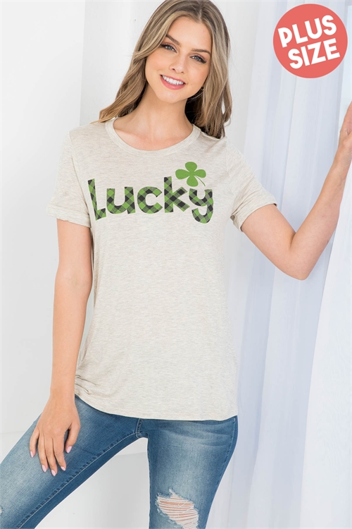 S12-11-3-PPT20644X-OTM - CLOVER LUCKY PRINT SHORT SLEEVE SOLID TOP- OATMEAL 3-2-1