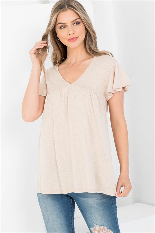 S11-12-4-PPT20647-BG-1 - V-NECK SHIRRING DETAILS SLUB TOP- BEIGE 0-1-2-2