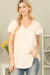 S5-8-3-PPT20647-NTL - V-NECK SHIRRING DETAILS SLUB TOP- NATURAL 1-2-2-2