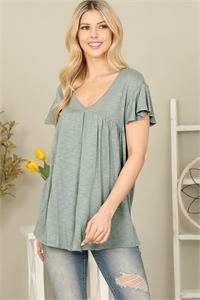 S10-8-3-PPT20647-OV - V-NECK SHIRRING DETAILS SLUB TOP- OLIVE 1-2-2-2