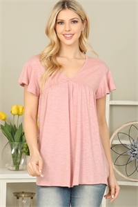 S6-2-3-PPT20647-RS - V-NECK SHIRRING DETAILS SLUB TOP- ROSE 1-2-2-2