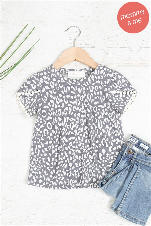 SA3-000-4-PPT20648TK-DGYOTM - KIDS POMPOM DETAIL TULIP SLEEVE LEOPARD TOP- D. GREY/OATMEAL 1-1-1-1-1-1-1-1