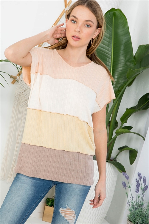 S13-2-4-PPT20649-CRMTNIVYBNMC - MERROW SLEEVE OUTSEAM OVERLOCK COLOR BLOCK TOP- CREAM TAN-IVORY-Y. BEAN-MOCHA 1-2-2-2