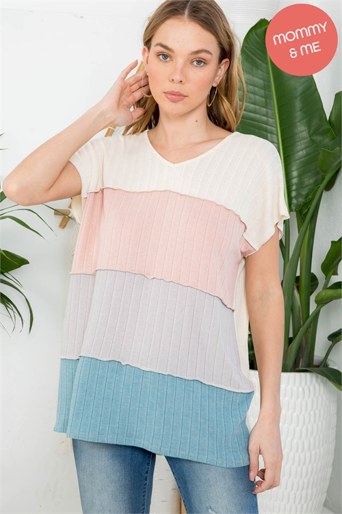 S11-13-3-PPT20649-IVRSDKGYSLTBL-1 - MERROW SLEEVE OUTSEAM OVERLOCK COLOR BLOCK TOP- IVORY-ROSE-DARK GREY-SLATE BLUE 0-2-0-0