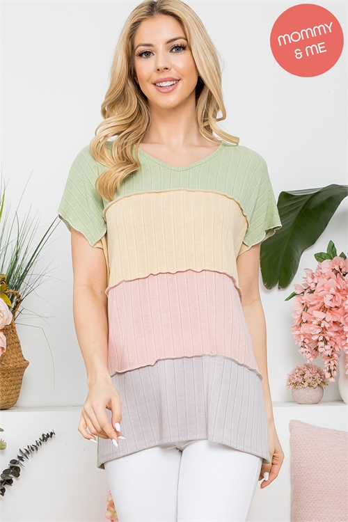 S10-18-3-PPT20649-LMGN-1 - MERROW SLEEVE OUTSEAM OVERLOCK COLOR BLOCK TOP- LIME GREEN-YELLOW BEAN-ROSE-GREY 1-2-2-1