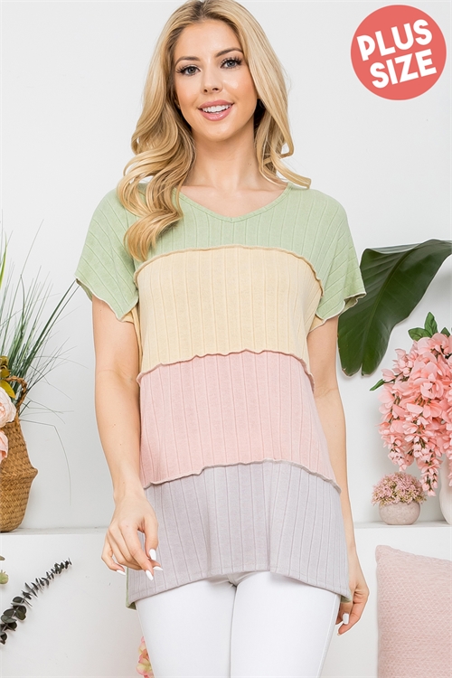 S15-5-1-PPT20649X-LMGN - PLUS SIZE MERROW SLEEVE OUTSEAM OVERLOCK COLOR BLOCK TOP- LIME GREEN-YELLOW BEAN-ROSE-GREY 3-2-1
