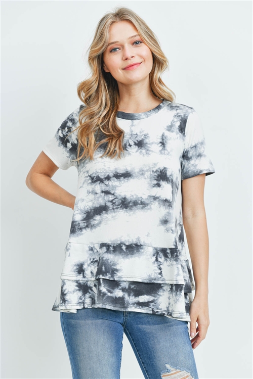 C94-A-1-PPT2064SS-GYIV-2 - LAYERED RUFFLE HEM SHORT SLEEVED TIE DYE TOP- CHARCOAL/NEW/RUST 4-2-2