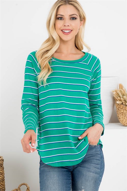 S10-2-4-PPT2065-GNBLWT - STRIPED BOAT NECK LONG SLEEVES ROUND HEM TOP- GREEN/BLUE/WHITE 1-2-2-2
