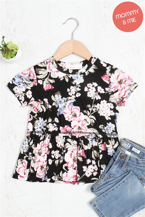 S6-7-4-PPT20656TK-BK-1 - KIDS FLORAL SHORT SLEEVE SHIRRING TOP- BLACK 0-2-0-0-0-1-0-0