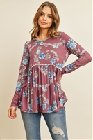 S12-3-4-PPT2066-MRSLTL - LONG SLEEVED FLORAL CINCH WAIST LACE DETAIL SWING TOP- MARSALA/TEAL 1-2-2-2