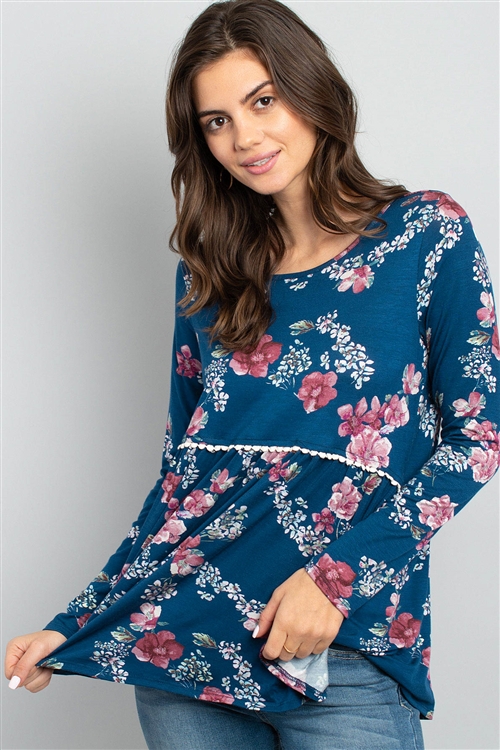 S12-3-4-PPT2066-NVMRSL - LONG SLEEVED FLORAL CINCH WAIST LACE DETAIL SWING TOP- NAVY/MARSALA 1-2-2-2