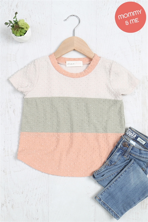 C72-B-PPT20664TK-CTLGYAGSLM-A - KIDS SHORT SLEEVE COLOR BLOCK SWISS DOT TOP- CRYSTAL GREY-ARMY GREEN-SALMON 2-0-1-0-0-0-0-1