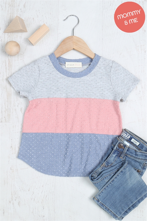 C72-B-PPT20664TK-LTHGPCHCTBL-A - KIDS SHORT SLEEVE COLOR BLOCK SWISS DOT TOP- LIGHT HEATHER GREY-PEACH-COUNTRY BLUE 0-1-1-0-0-0-0-0