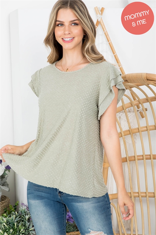 S14-11-1-PPT20665-AG - SOLID RUFFLE SLEEVE SWISS DOT TOP- ARMY GREEN 1-2-2-2