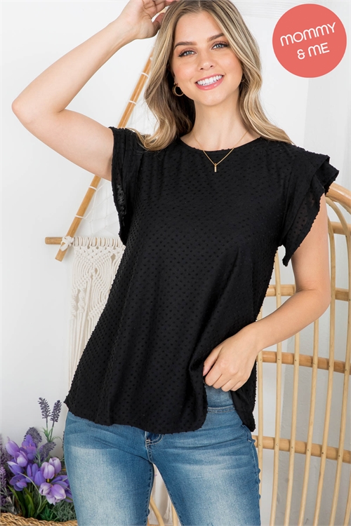 S15-4-4/S7-9-1-PPT20665-JTBK - SOLID RUFFLE SLEEVE SWISS DOT TOP- JET BLACK 1-2-2-2