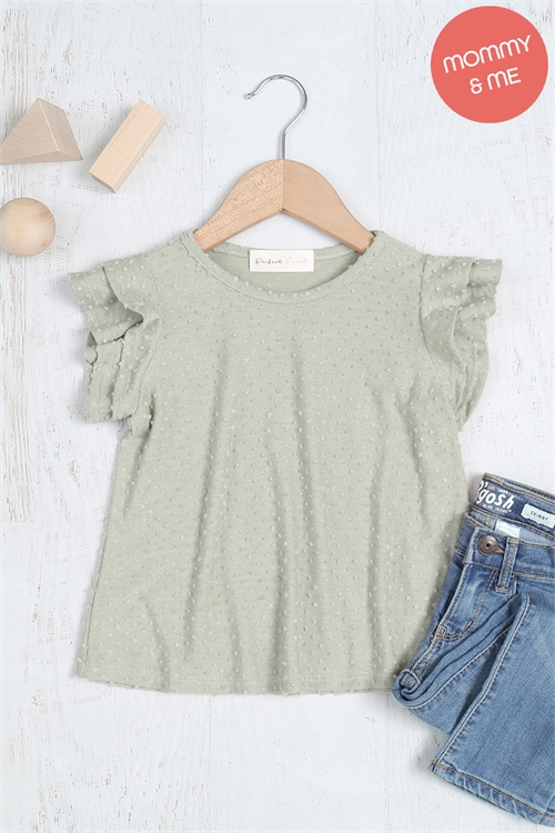 S9-14-2-PPT20665TK-AG-1 - KIDS SOLID RUFFLE SLEEVE SWISS DOT TOP- ARMY GREEN 1-1-0-1-0-1-1-1