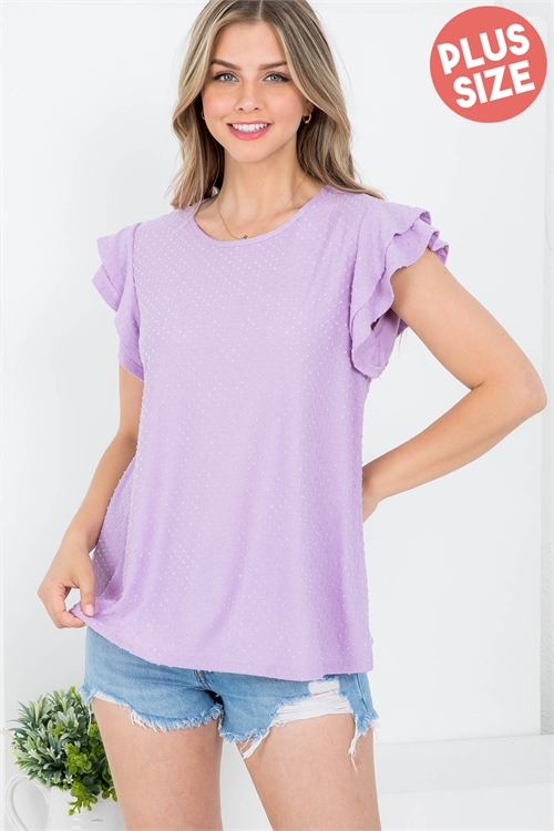 S8-8-4-PPT20665X-LVD - PLUS SIZE SOLID RUFFLE SLEEVE SWISS DOT TOP- LAVENDER 3-2-1