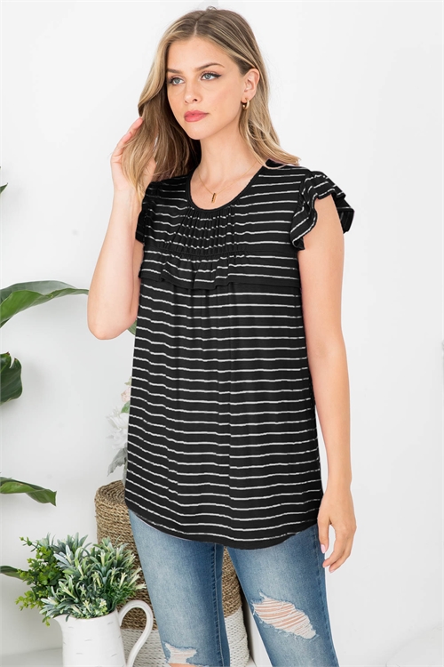 S11-13-4-PPT20667-BKOFW - CAP SLEEVE SHIRRING DETAIL STRIPE TOP- BLACK/OFF WHITE 1-2-2-2