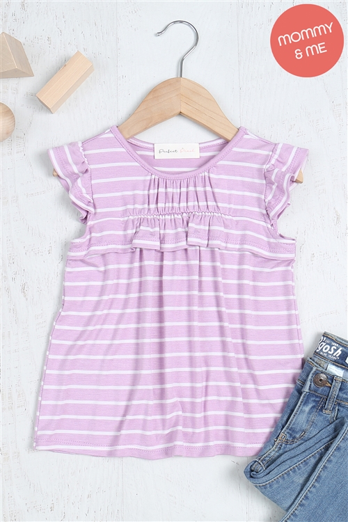 S8-1-1-PPT20667TK-OFWPPL-1 - KIDS CAP SLEEVE SHIRRING DETAIL STRIPE TOP- OFF WHITE/PURPLE 1-2-0-0-2-0-0-0