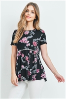 C80-A-1-PPT2066SS-BKMRSL - SHORT SLEEVES FLORAL CINCH WAIST LACE DETAIL SWING TOP- BLACK/MARSALA 1-2-2-2 (NOW $2.50 ONLY!)