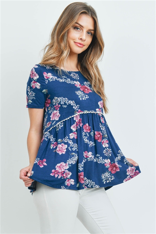 C64-A-2-PPT2066SS-NVMRSL - SHORT SLEEVES FLORAL CINCH WAIST LACE DETAIL SWING TOP- NAVY/MARSALA 1-2-2-2