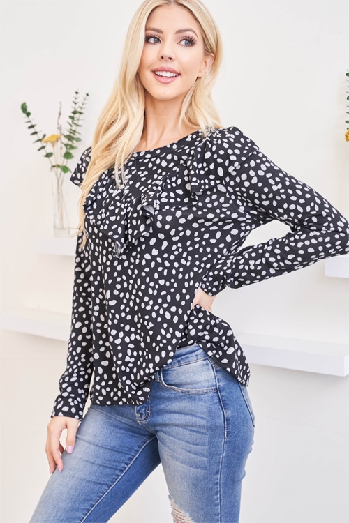 S13-3-1-PPT2068-BK - BRUSHED HACCI LEOPARD V-SHAPED RUFFLE DETAIL TOP- BLACK 1-2-2-2