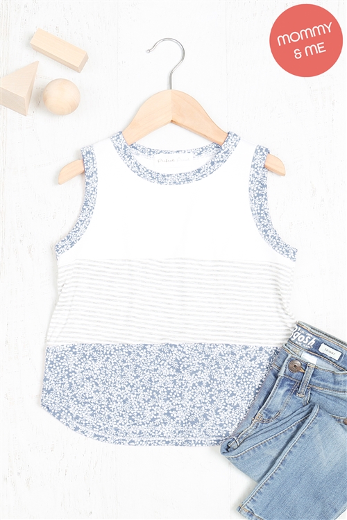 S11-11-3-PPT20682TK-IVHGGY - KIDS FLORAL BAND AND HEM STRIPES SLEEVELESS TOP- IVORY-HEATHER GREY/IVORY-GREY 1-1-1-1-1-1-1-1