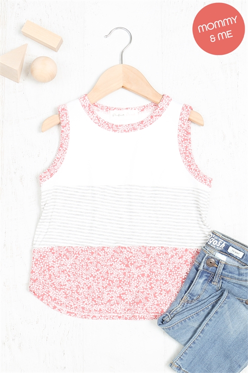 SA3-6-3-PPT20682TK-IVHGIVMAR-1 - KIDS FLORAL BAND AND HEM STRIPES SLEEVELESS TOP- IVORY-HEATHER GREY/IVORY-MARSALA 0-0-0-1-0-0-1-1