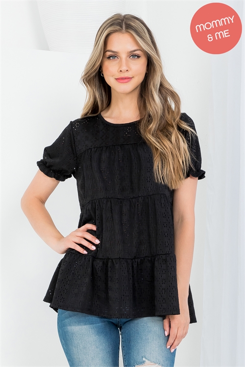 S12-1-2-PPT20684-BK - RUFFLE PUFF SLEEVE TIERED EYELET TOP- BLACK 1-2-2-2