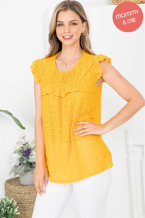 S12-6-2-PPT20685-MU - CAP SLEEVE RUFFLE BUST DETAIL EYELET TOP- MUSTARD 1-2-2-2