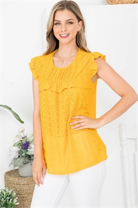 C50-B-PPT20685-MU-A - CAP SLEEVE RUFFLE BUST DETAIL EYELET TOP- MUSTARD 4-6-0-0