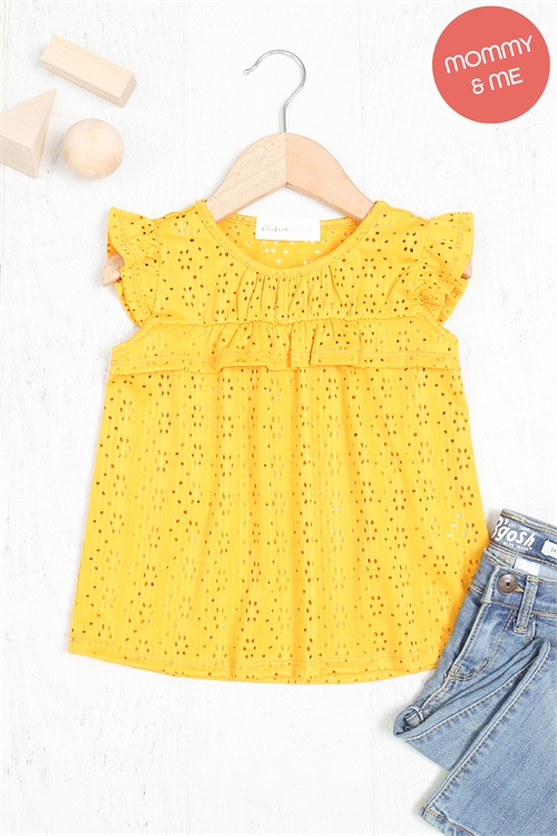 S8-14-3-PPT20685TK-MU-1 - KIDS CAP SLEEVE RUFFLE BUST DETAIL EYELET TOP- MUSTARD 1-1-0-1-1-1-1-1