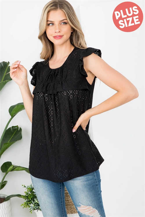 SA3-6-2-PPT20685X-BK - PLUIS SIZE CAP SLEEVE RUFFLE BUST DETAIL EYELET TOP- BLACK 3-2-1