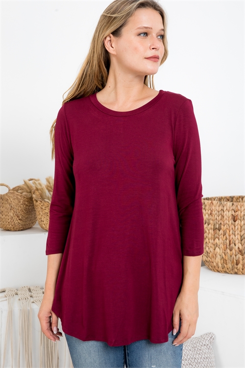 S10-9-3-PPT20688-DKBU - ROUND NECK QUARTER SLEEVE DOLPHIN HEM TOP- DARK BURGUNDY 1-2-2-2