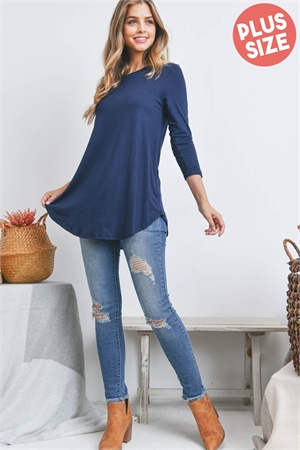 S8-7-3-PPT20688X-NV - PLUS SIZE ROUND NECK QUARTER SLEEVE DOLPHIN HEM TOP- NAVY 3-2-1