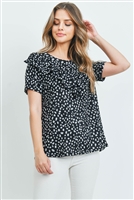 C70-A-1-PPT2068SS-BK - SHORT SLEEVES BRUSHED HACCI LEOPARD V-SHAPED RUFFLE DETAIL TOP- BLACK 1-2-2-2
