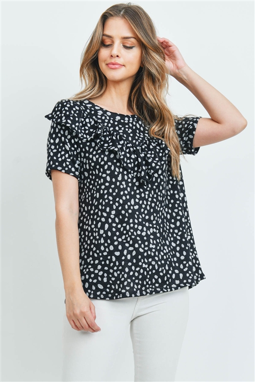 C70-A-1-PPT2068SS-BK - SHORT SLEEVES BRUSHED HACCI LEOPARD V-SHAPED RUFFLE DETAIL TOP- BLACK 1-2-2-2