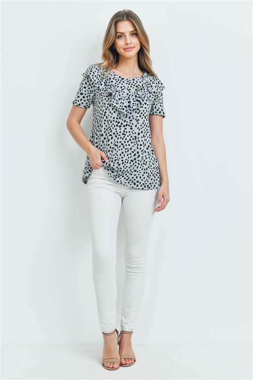 C70-A-2-PPT2068SS-HT - SHORT SLEEVES BRUSHED HACCI LEOPARD V-SHAPED RUFFLE DETAIL TOP- HEATHER 1-2-2-2