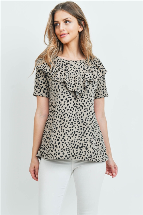 C40-A-1-PPT2068SS-KHK - SHORT SLEEVES BRUSHED HACCI LEOPARD V-SHAPED RUFFLE DETAIL TOP- KHAKI 1-2-2-2