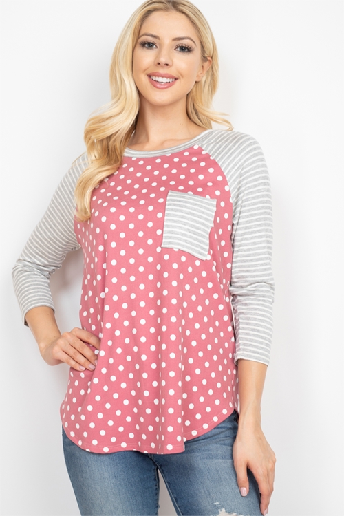 S8-11-2-PPT20690-MVHGIV - STRIPES POCKET AND SLEEVE POLKA DOT TOP- MAUVE/HEATHER GREY-IVORY 1-2-2-2