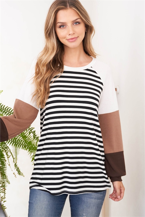 S10-18-3-PPT20692-BKIVIMSHLTBWN-1 - COLOR BLOCK LONG SLEEVE STRIPES TOP- BLACK-IVORY/IVORY/MUSHROOM/LIGHT BROWN 0-2-2-2